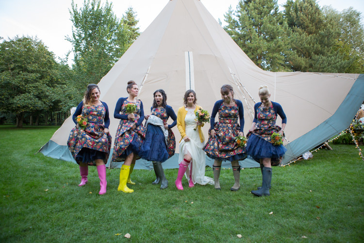 Vintage Bridesmaid Floral Dresses Cardigans Wellies Petticoats Country Fete Garden Festival Wedding http://sharoncooper.co.uk/