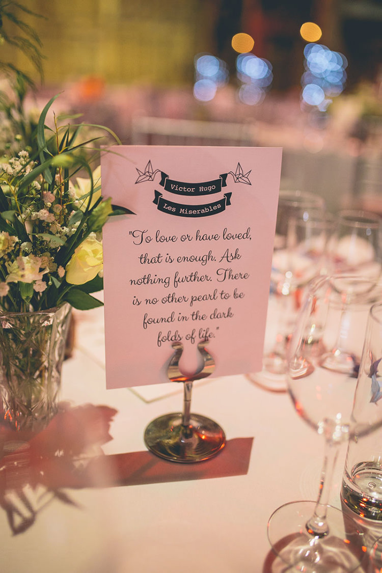 Love Story Quote Table Names Origami Books Barn Wedding http://storyandcolour.co.uk/