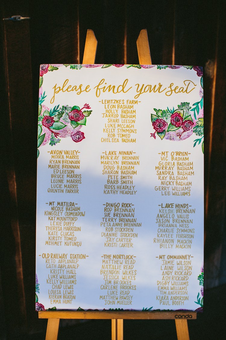 Floral Gold Seating Table Plan Chart Whimsical Barn Wedding Australia http://throughthewoodsweran.co.uk/