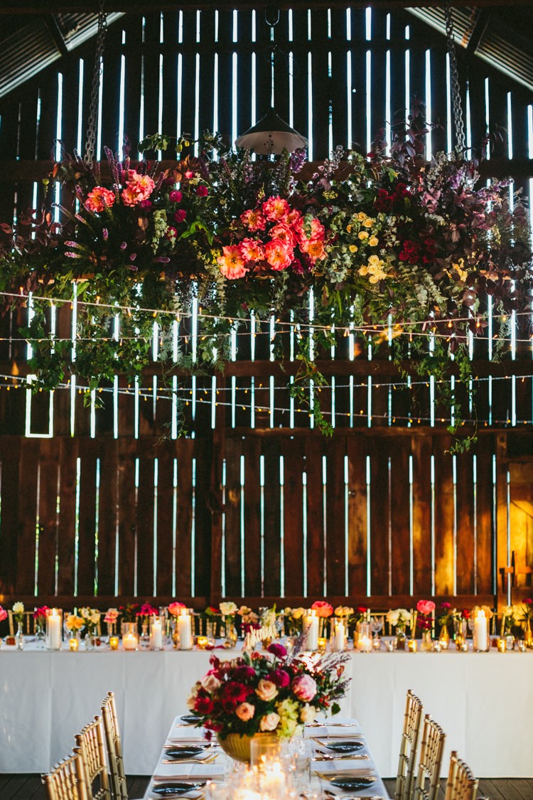 Hanging Flowers Arrangement Pink Greenery Whimsical Barn Wedding Australia http://throughthewoodsweran.co.uk/
