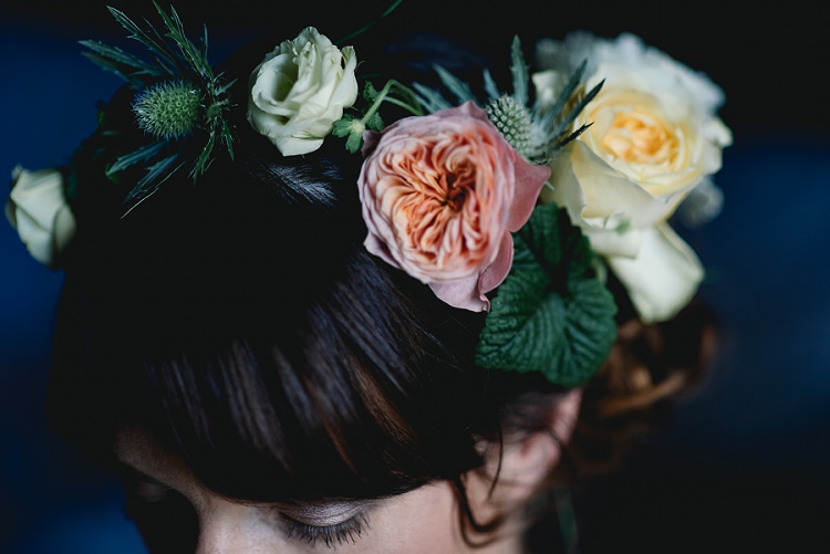 Flower Crown Bride Bridal Fringe Bangs Peach Rose Thistle Laid Back Bohemian Festival Wedding http://benjaminmathers.co.uk/