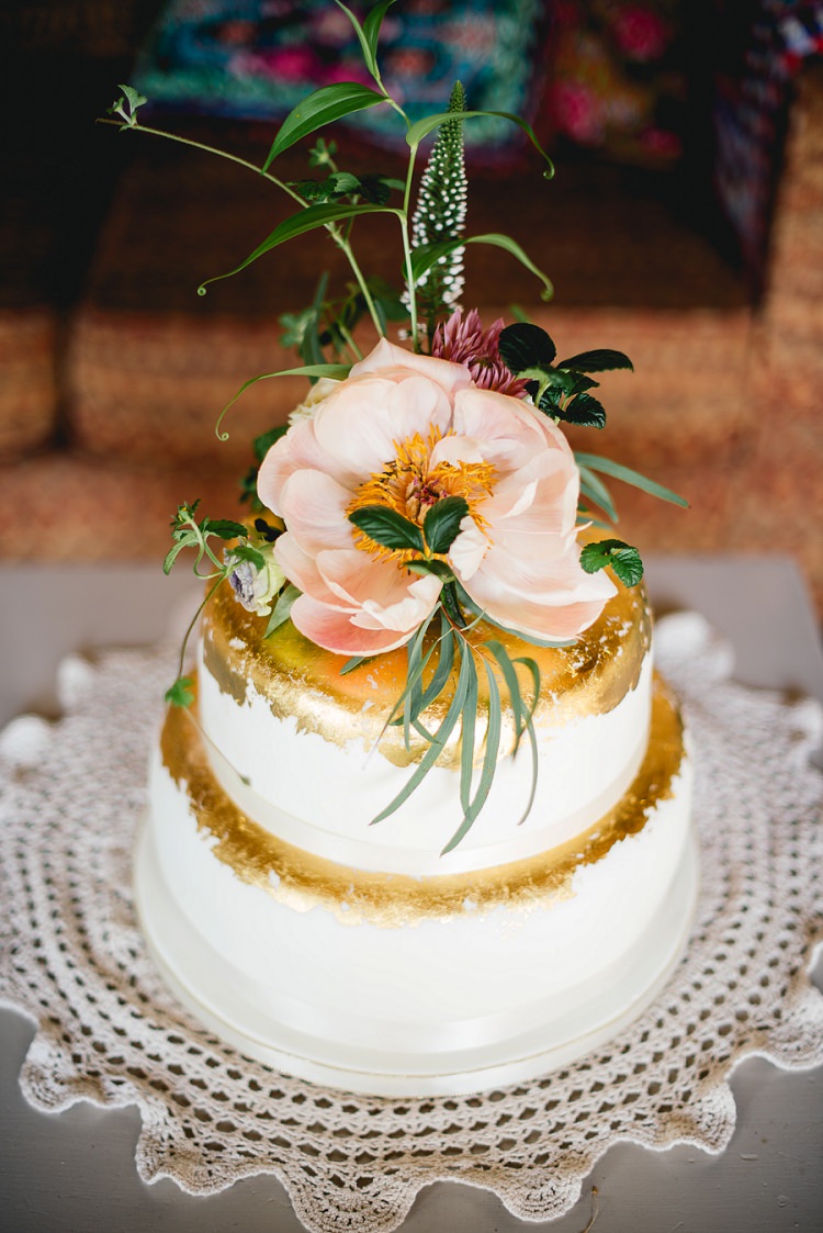 Gold Leaf Metallic Cake Flowers Topper Laid Back Bohemian Festival Wedding http://benjaminmathers.co.uk/