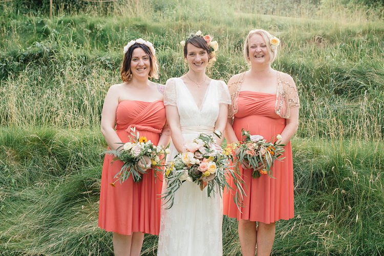 Coral Twist Short Bridesmaid Dresses Orange Laid Back Bohemian Festival Wedding http://benjaminmathers.co.uk/