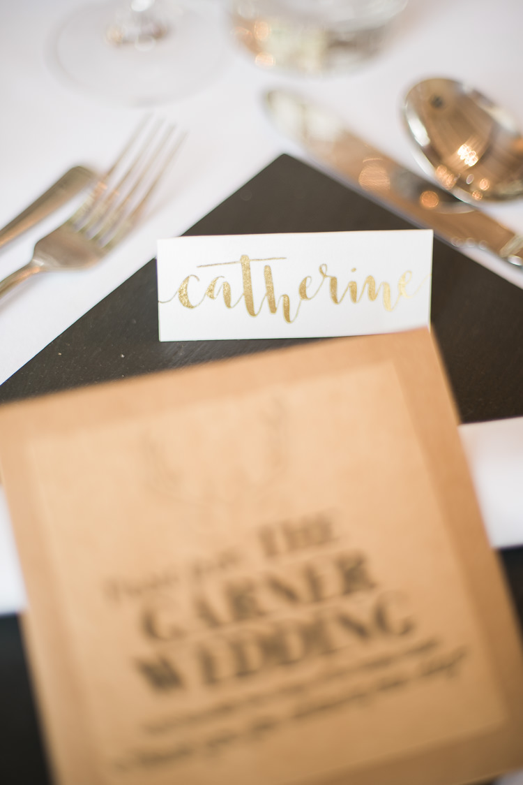 Gold Calligraphy Place Cards Names Country Glamour Black Tie Wedding http://www.capturedbykatrina.co.uk/