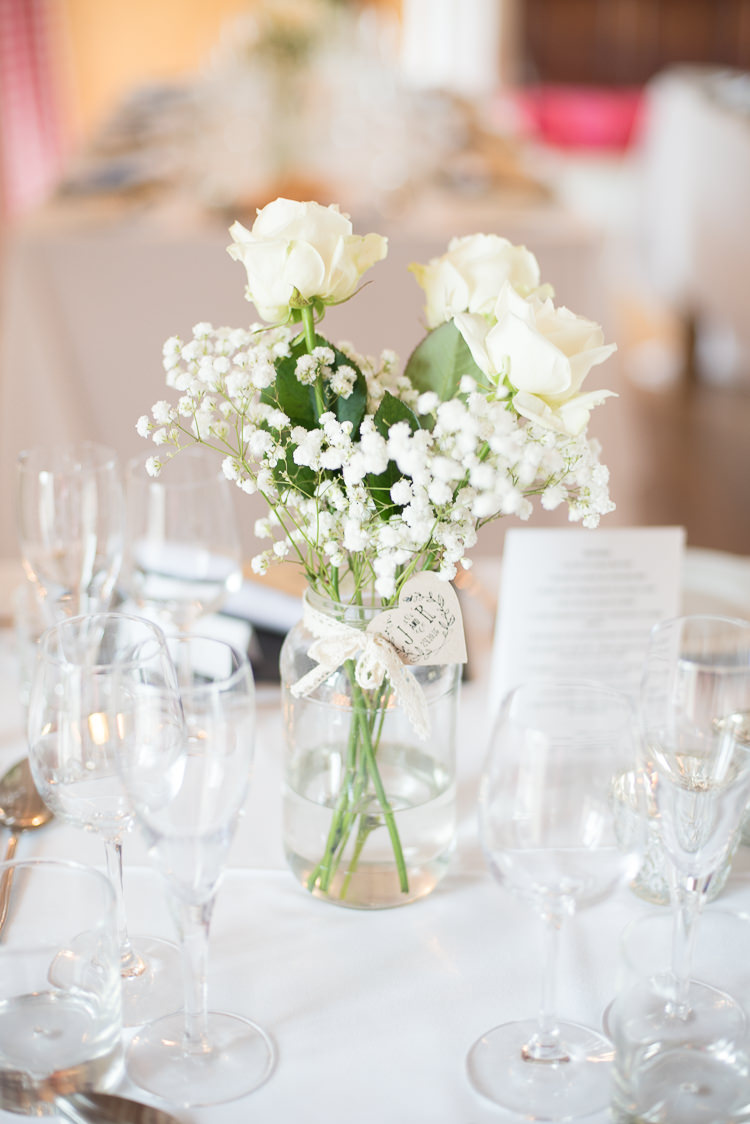 White Flowers Rose Gypsophila Jar Centrepiece Lace Country Glamour Black Tie Wedding http://www.capturedbykatrina.co.uk/