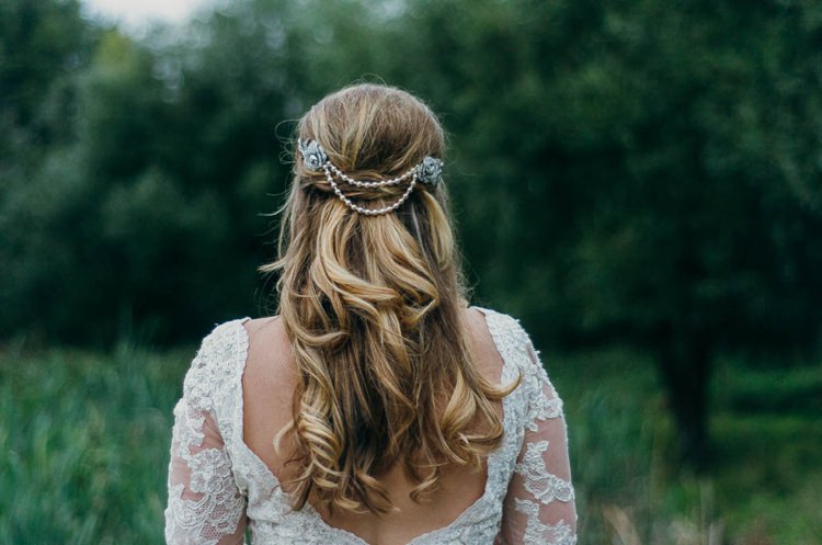Bride Bridal Hair Long Waves Pearls Home Made Garden Party Wedding www.purplepeartreephotography.com