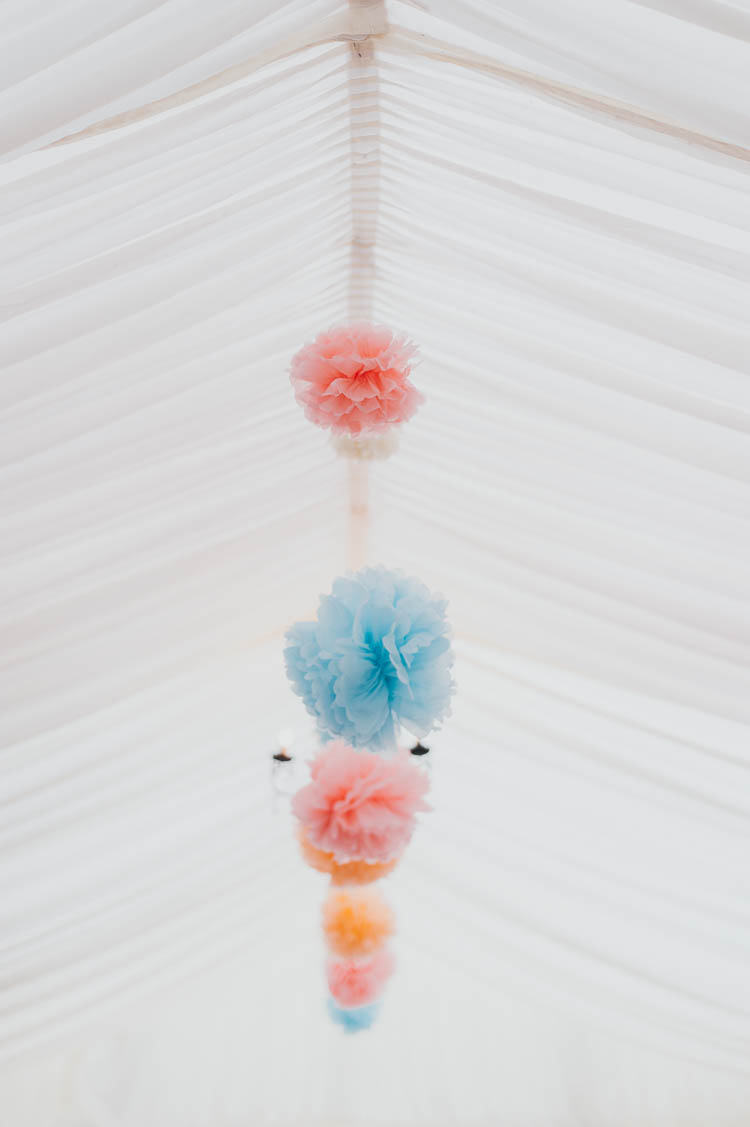 Pastel Pom Poms Marquee Home Made Garden Party Wedding www.purplepeartreephotography.com