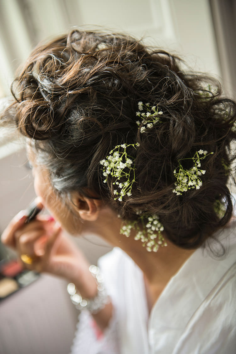 Hair Bride Bridal Style Flowers Up Do Fun Glittery Outdoor Colourful Wedding http://www.reportography.com/