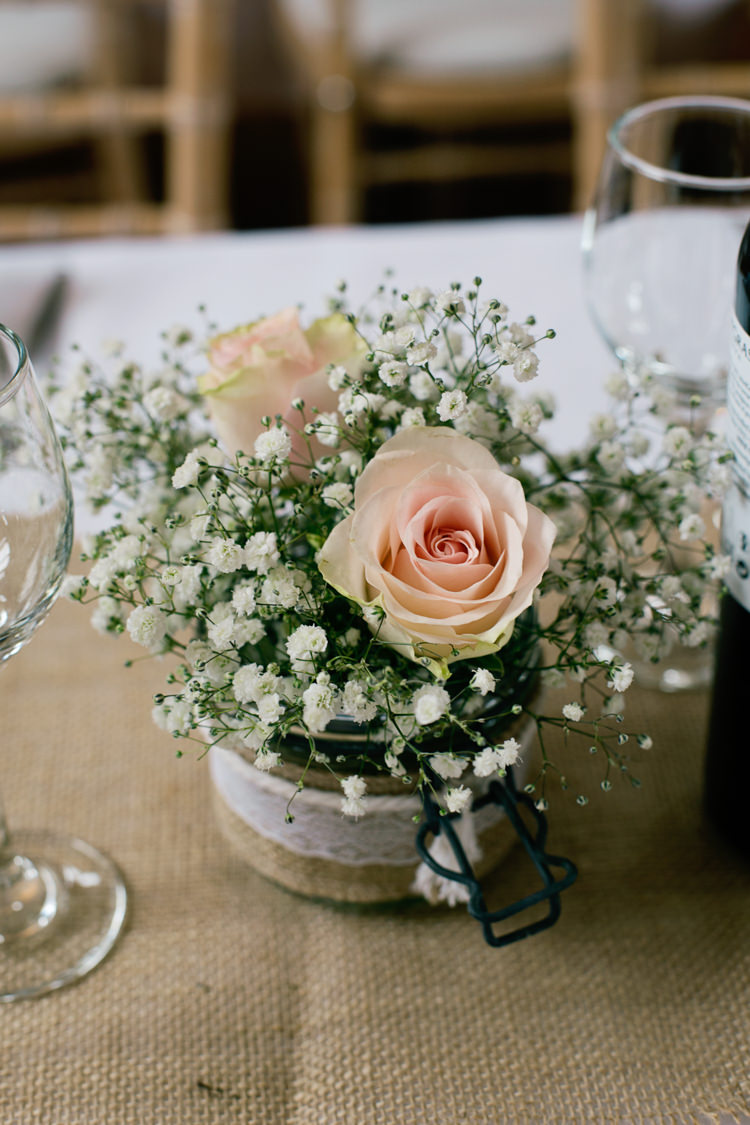 Gyposophia Roses Hessian Lace Jar Flowers Centrepiece Pretty DIY Pink Village Hall Countryside Wedding http://www.jobradbury.co.uk/