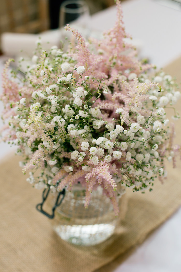 Gyposophia Astilbe Hessian Jar Flowers Centrepiece Table Decor Pretty DIY Pink Village Hall Countryside Wedding http://www.jobradbury.co.uk/