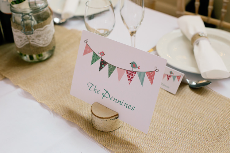 Bunting Log Table Name Pretty DIY Pink Village Hall Countryside Wedding http://www.jobradbury.co.uk/