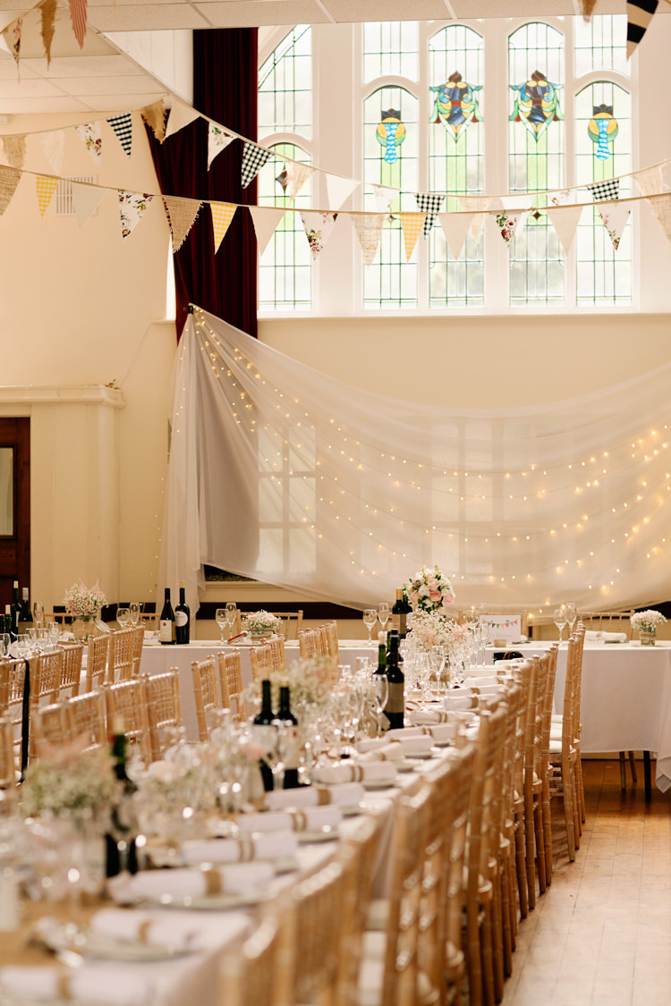 Fairy Light Backdrop Drapes Bunting Long Tables Pretty DIY Pink Village Hall Countryside Wedding http://www.jobradbury.co.uk/