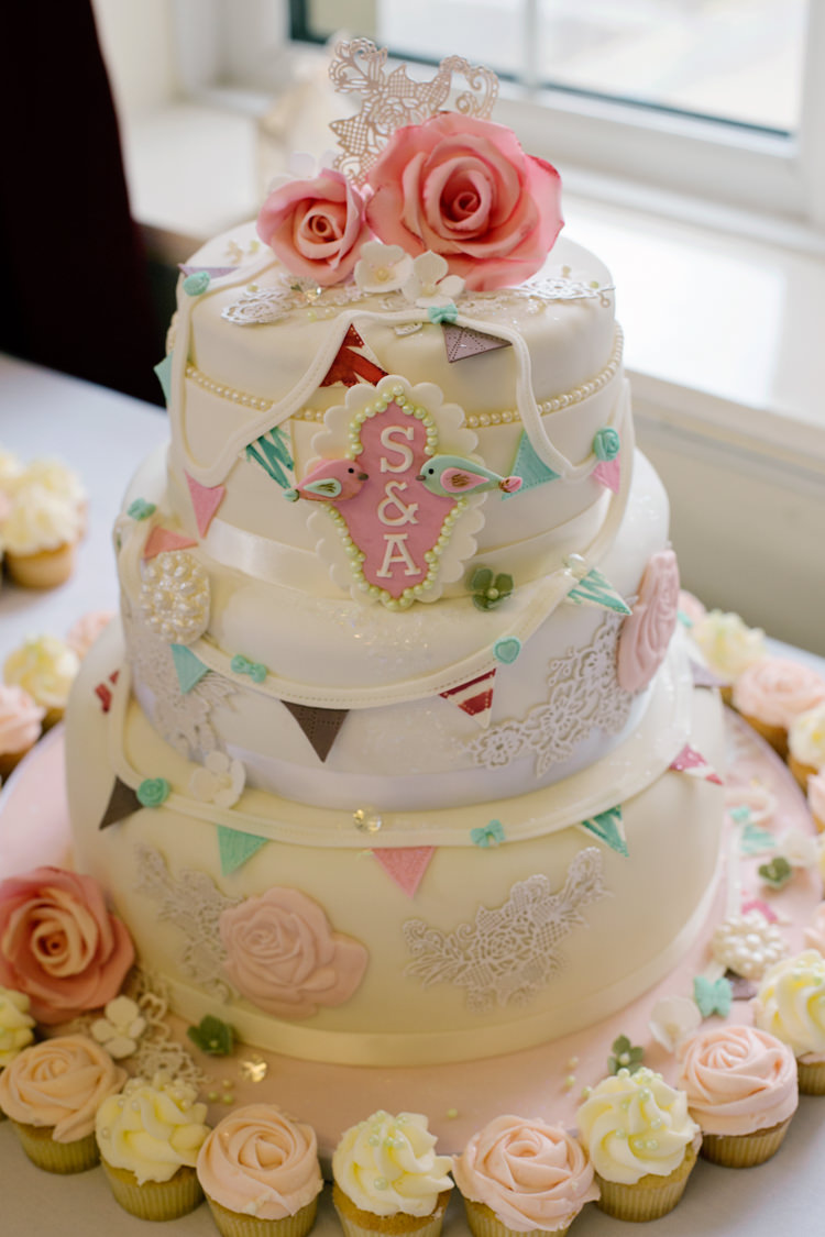 Bunting Birds Lace Shabby Chic Cake Pretty DIY Pink Village Hall Countryside Wedding http://www.jobradbury.co.uk/