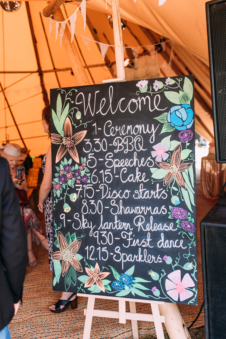 Welcome Sign Chalk Black Board Floral Creative Festival Tipi Wedding http://www.annapumerphotography.com/
