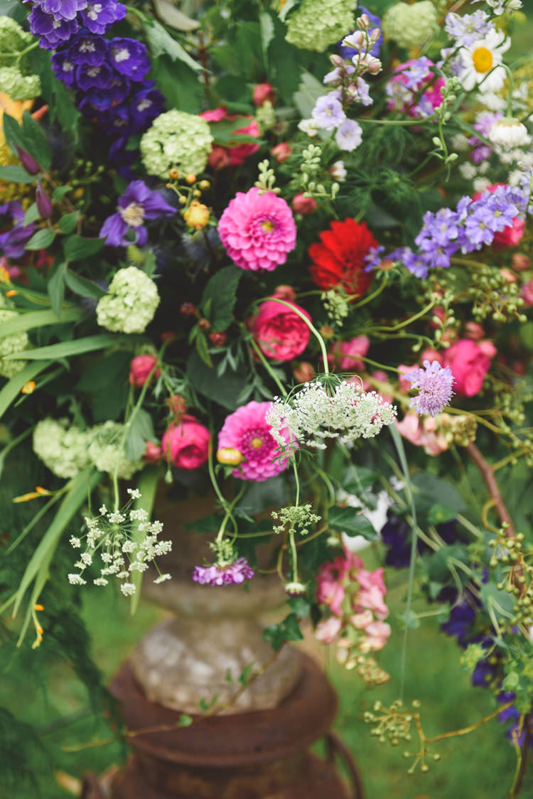 Flower Floral Arrangement Table Centrepiece Colourful Wild Ceremony Stylish Festival Farm Garden Wedding http://www.lisadawn.co.uk/
