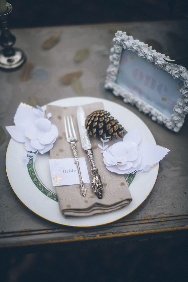 Paper Flowers Pinecone Hessian Place Setting Magical Dark Fairytale Wedding Ideas http://www.rubielovephotography.co.uk/