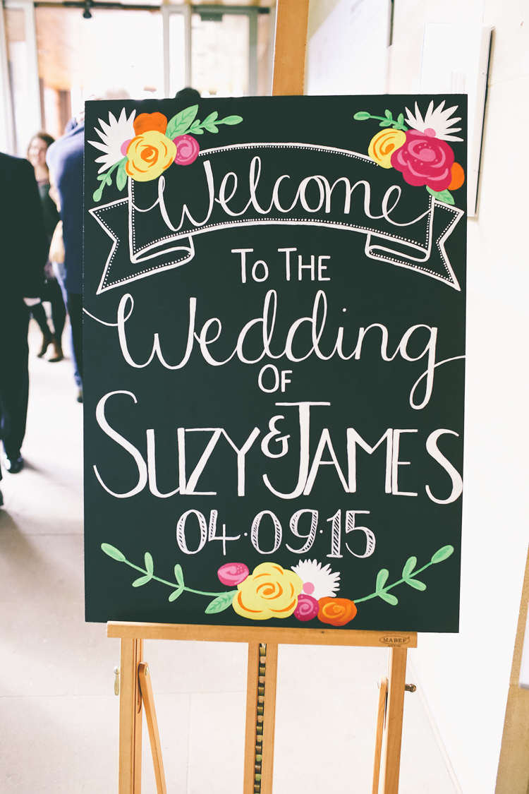 Welcome Sign Floral Illustrated Black Board Chalk Colourful Modern DIY Fun Wedding http://www.emmaboileau.co.uk/