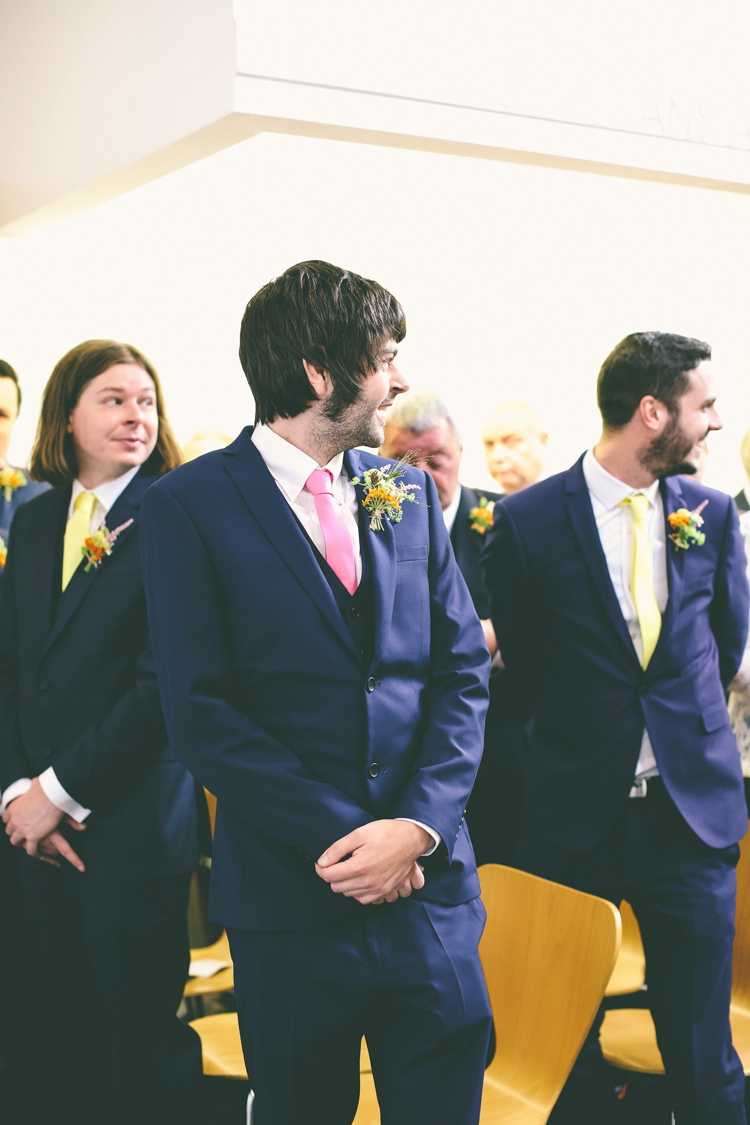 Blue Suit Next Groom Pink Tie Colourful Modern DIY Fun Wedding http://www.emmaboileau.co.uk/