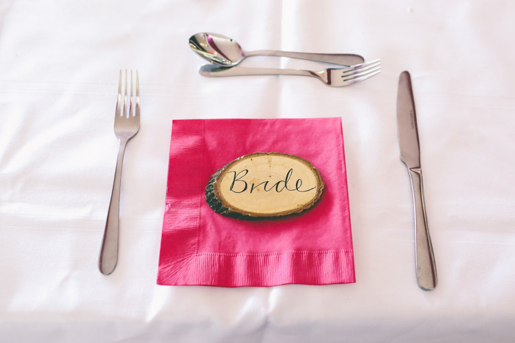 Log Slice Place Name Setting Colourful Modern DIY Fun Wedding http://www.emmaboileau.co.uk/