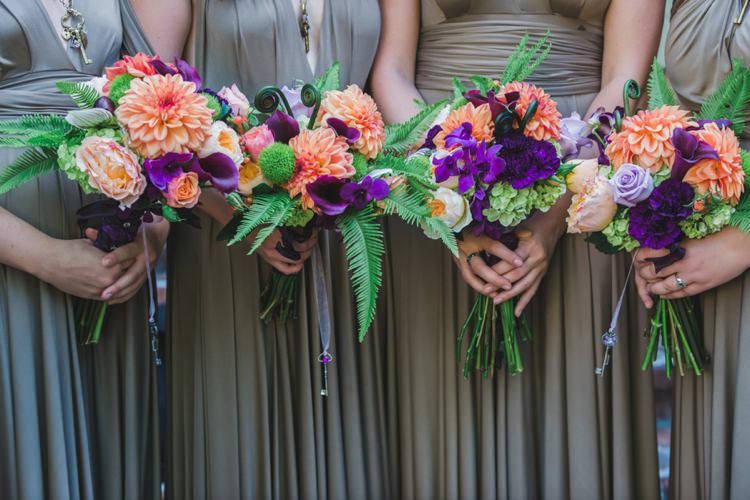 Bridesmaids Bouquets Ferns Dahlia Orange Purple Fantastical Woodland Renaissance Wedding in California http://www.milouandolin.com/