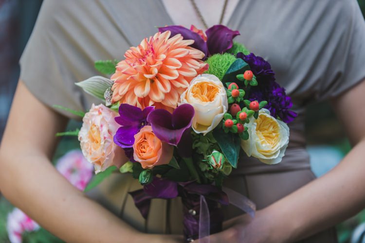 Bridesmaids Bouquets Ferns Dahlia Orange Purple Fantastical Woodland Renaissance Wedding in California http://www.milouandolin.com/