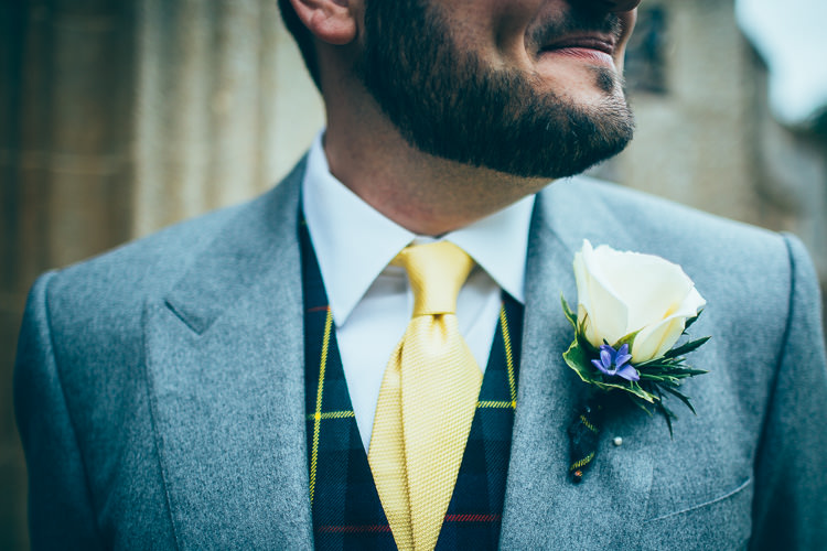 Rose Buttonhole Groom Tartan Waistcoat Yellow Tie Meadow Marquee Home Made Wedding http://www.faircloughphotography.co.uk/