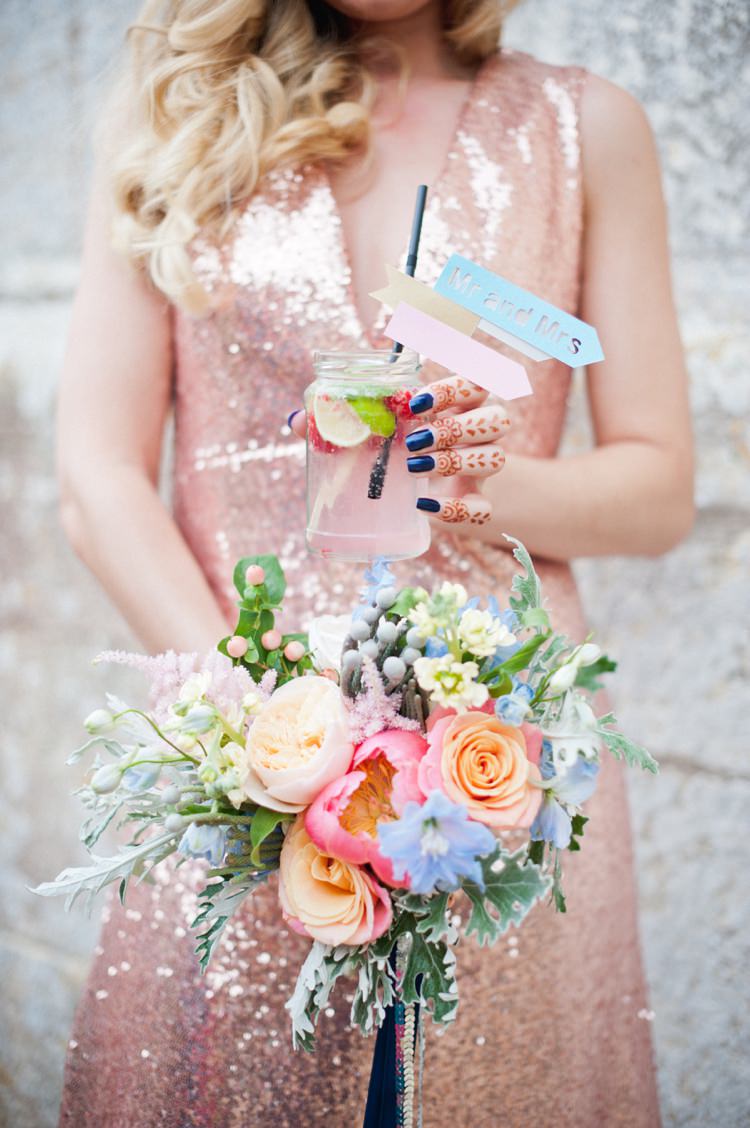 Bridesmaid Bouquet Flowers Drink Dress Jar Straw Flag Colourful Pastel Sequin Wedding http://www.laurapower.co.uk/