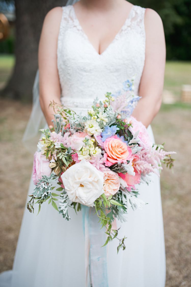 Bouquet Flowers Bride Bridal Ribbons Peony Rose Whimsical Summer Spring Colourful Pastel Sequin Wedding http://www.laurapower.co.uk/