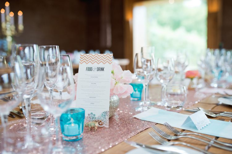 Chevron Stationery Menu Colourful Pastel Sequin Wedding http://www.laurapower.co.uk/ 