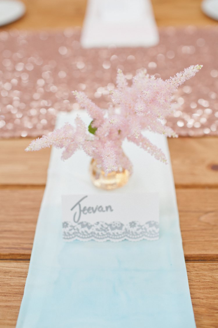 Astible Place Name Setting Flowers Pink Colourful Pastel Sequin Wedding http://www.laurapower.co.uk/