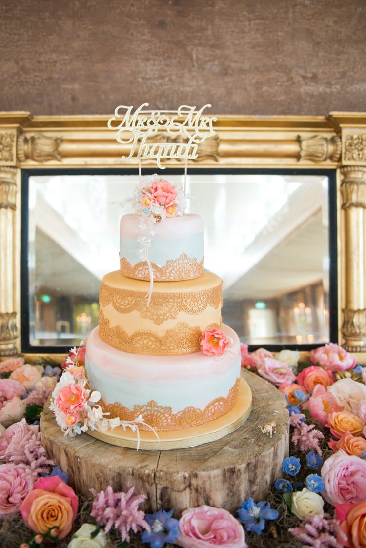 Watercolour Gold Mehndi Lace Cake Colourful Pastel Sequin Wedding http://www.laurapower.co.uk/