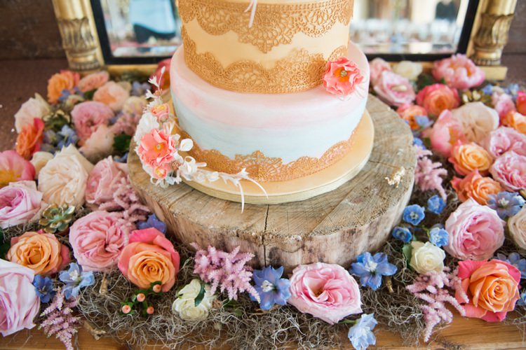 Log Flowers Stand Cake Colourful Pastel Sequin Wedding http://www.laurapower.co.uk/ 