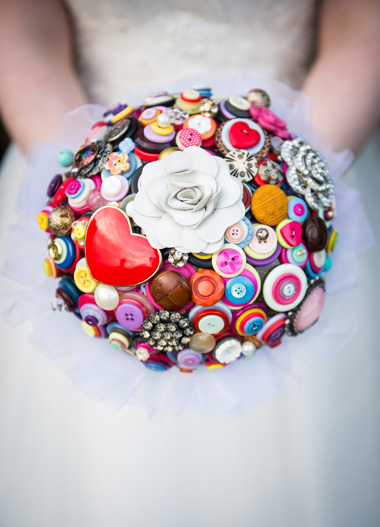 Button Bouquet Alternative Bride Bridal Hearts Colourful Quirky Crafty Tea Infused Wedding http://jamesgristphotography.co.uk/