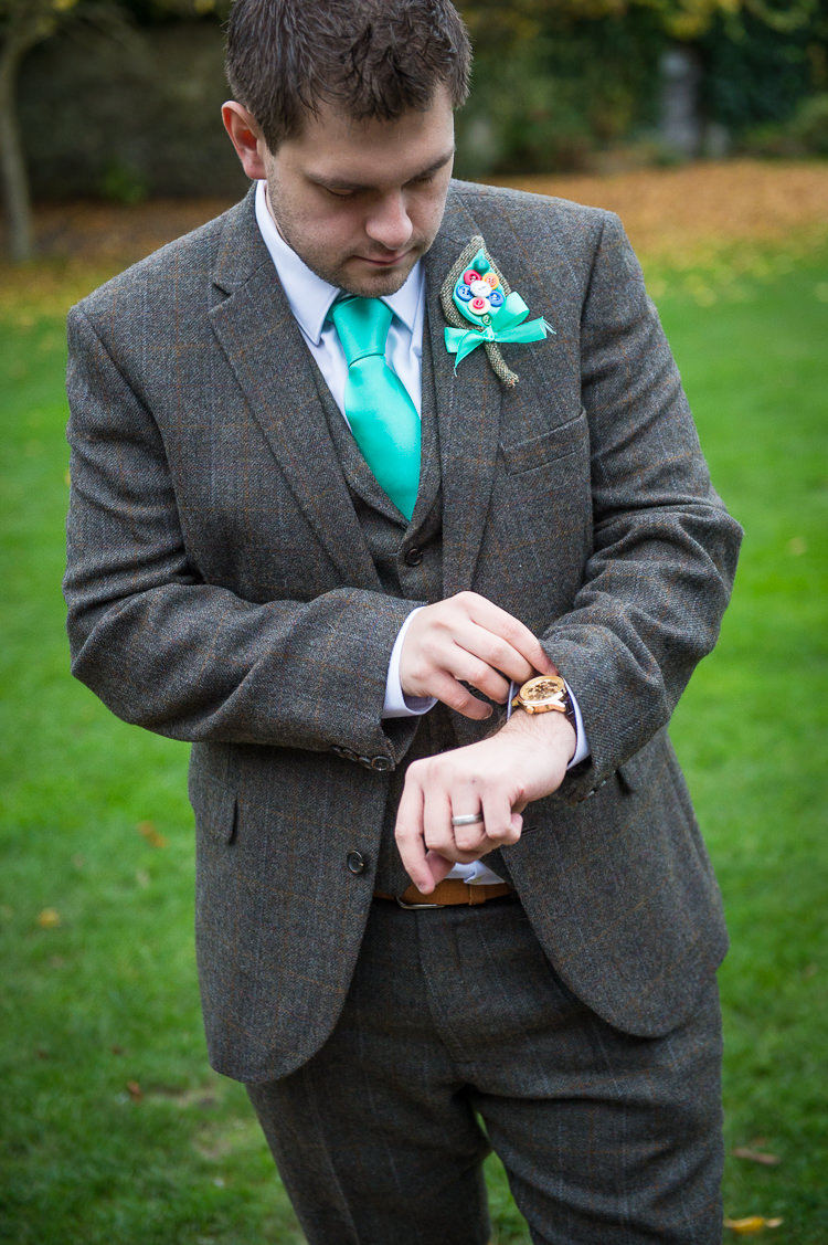 Wool Suit Groom Turquoise Tie Quirky Crafty Tea Infused Wedding http://jamesgristphotography.co.uk/
