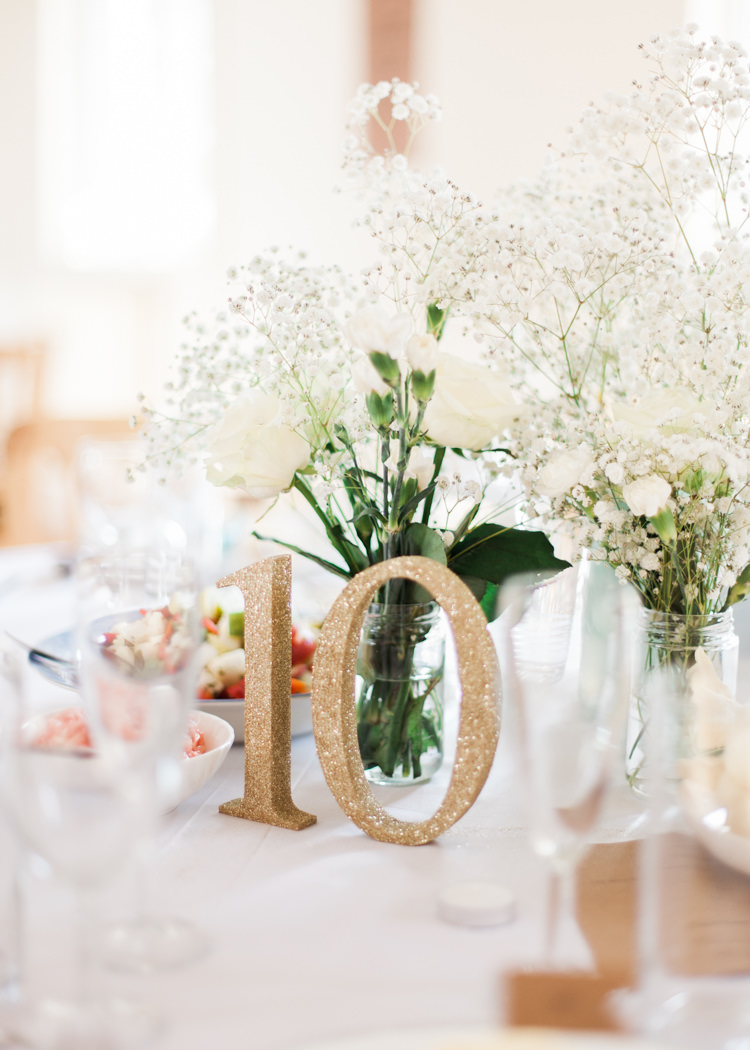 Glitter Table Number White Flowers Centrepiece Indian Mint Garden Party Wedding http://heleddroberts.co.uk/