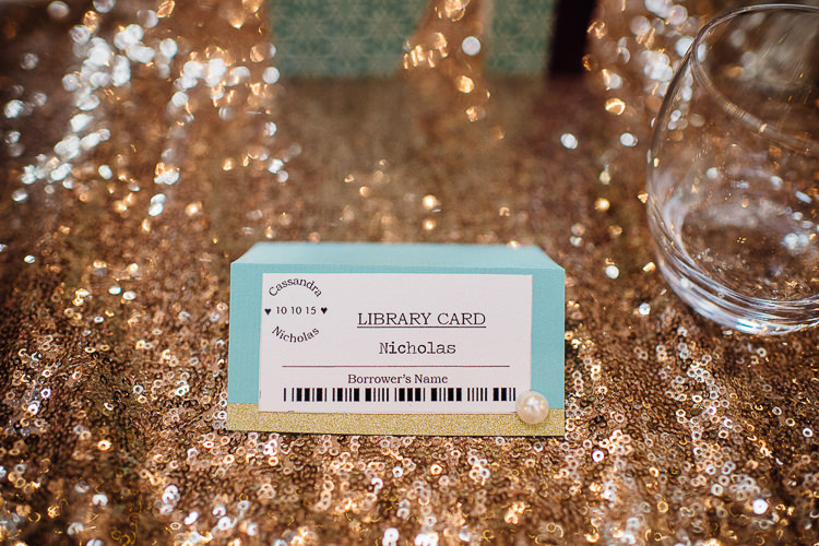 Library Place Name Card Books & History Sparkly Pastels Wedding http://www.mariannechua.com/