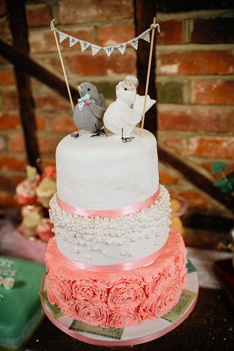 Cake Pink White Ruffle Flowers Bunting Birds Topper Books & History Sparkly Pastels Wedding http://www.mariannechua.com/