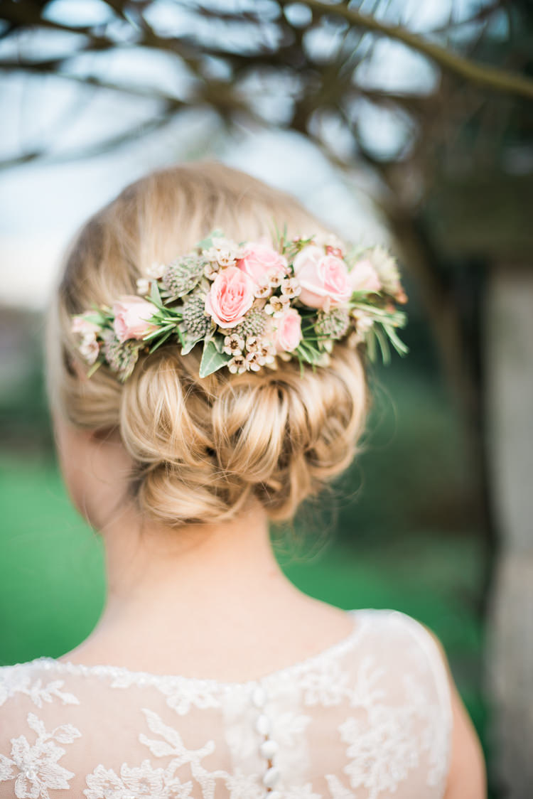 Hair Bride Bridal Up Do Style Flowers Pretty Soft Pink Rustic Winter Wedding http://www.capturedbykatrina.co.uk/