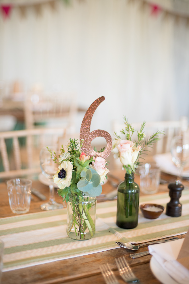 Glitter Table Number Jar Flowers Stripe Runner Cloth Table Soft Pink Rustic Winter Wedding http://www.capturedbykatrina.co.uk/