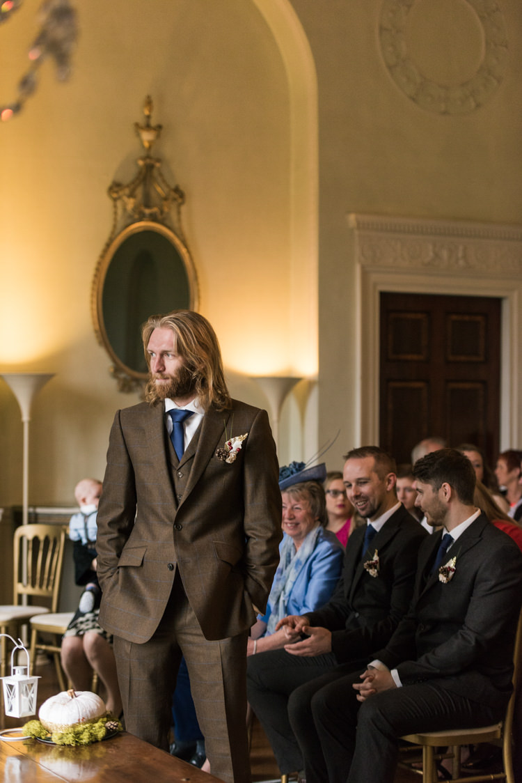 Brown Tweed Suit Groom Glamorous Gold Halloween Wedding http://www.oliviajohnstonweddings.co.uk/
