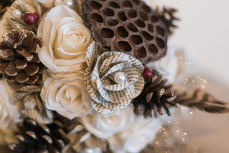 Paper Pinecone Bouquet Bride Bridal Glamorous Gold Halloween Wedding http://www.oliviajohnstonweddings.co.uk/