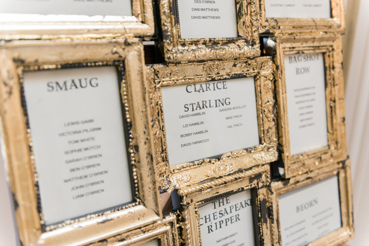 Gold Frame Leaf Table Seating Plan Chart Glamorous Gold Halloween Wedding http://www.oliviajohnstonweddings.co.uk/