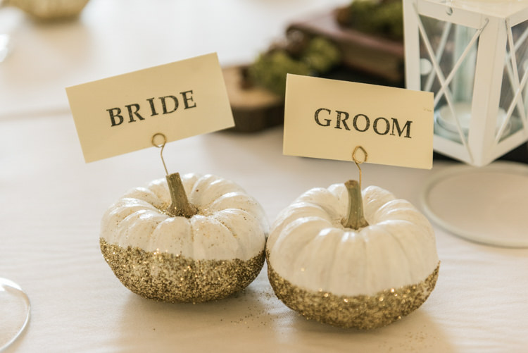 Pumpkins Painted Glitter Place Names Setting Glamorous Gold Halloween Wedding http://www.oliviajohnstonweddings.co.uk/