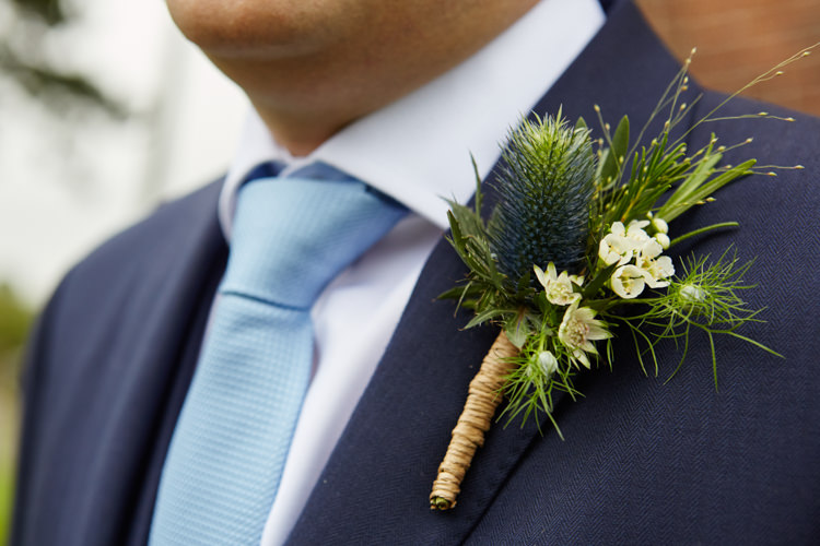 Thistle Wax Flower Buttonhole Groom Industrial Country Rustic Wedding https://www.fullerphotographyweddings.co.uk/