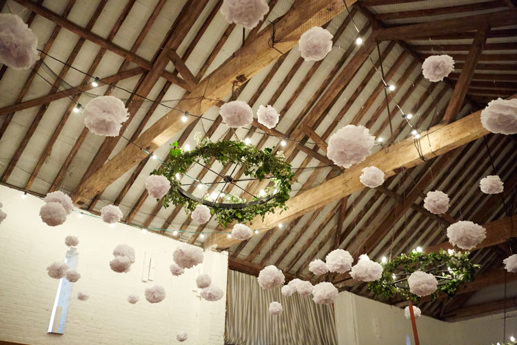 White Pom Poms Industrial Country Rustic Wedding https://www.fullerphotographyweddings.co.uk/
