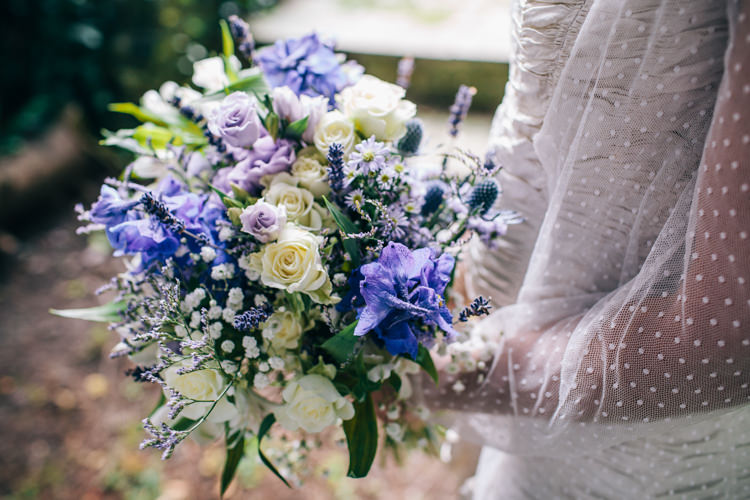 Blue White Purple Flowers Bouquet Bride Bridal Vintage Homely Outdoor Wedding http://heartfulloftea.com/