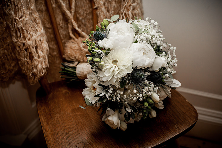 White Bouquet Peony Thistle Bouquet Flowers Bride Bridal Scotland Woodland Handfasting Wedding http://wilsonmcsheffrey.co.uk/
