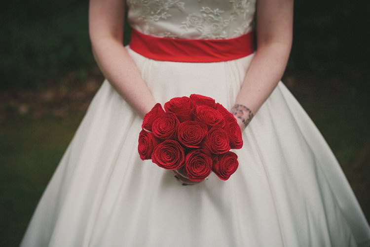 Paper Red Rose Bouquet Bride Bridal Quirky Alternative Lochside Wedding http://www.maureendupreez.com/