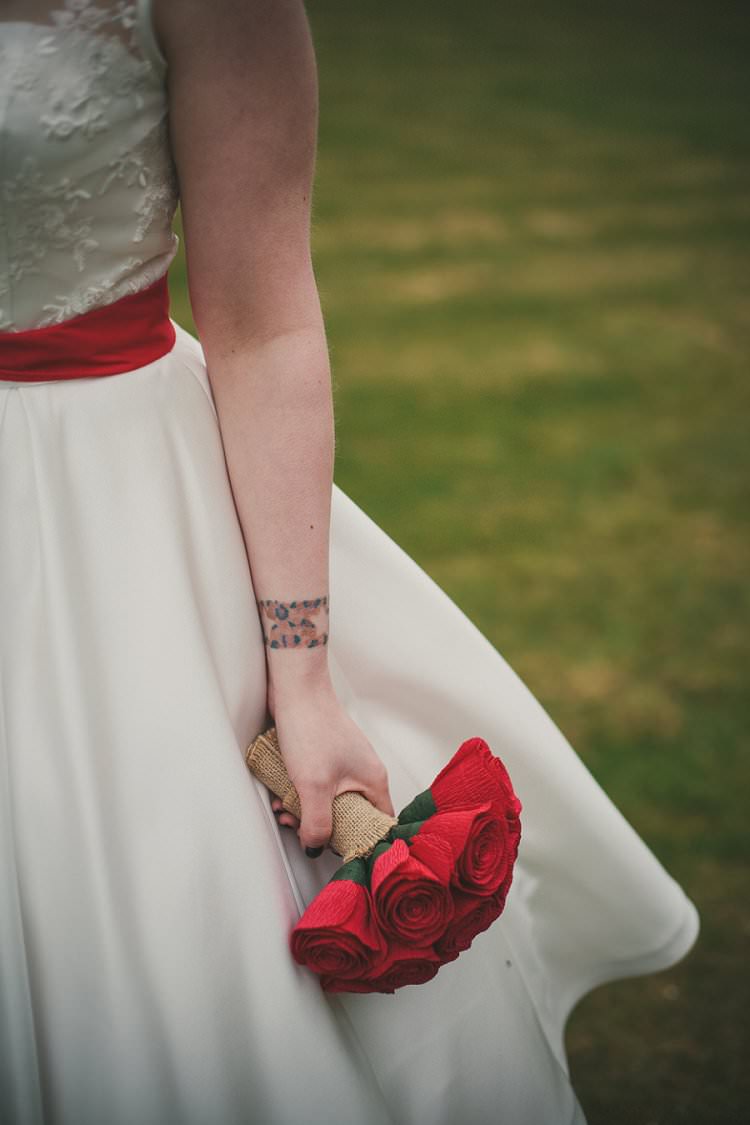 Paper Red Rose Bouquet Bride Bridal Quirky Alternative Lochside Wedding http://www.maureendupreez.com/