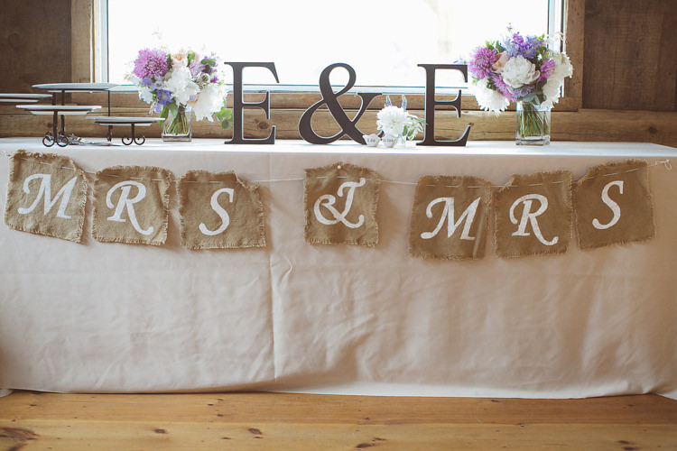 Mrs Mrs Hessian Bunting Romantic Rustic Pastel Vineyard Wedding Massachusetts http://www.wonder-bliss.com/